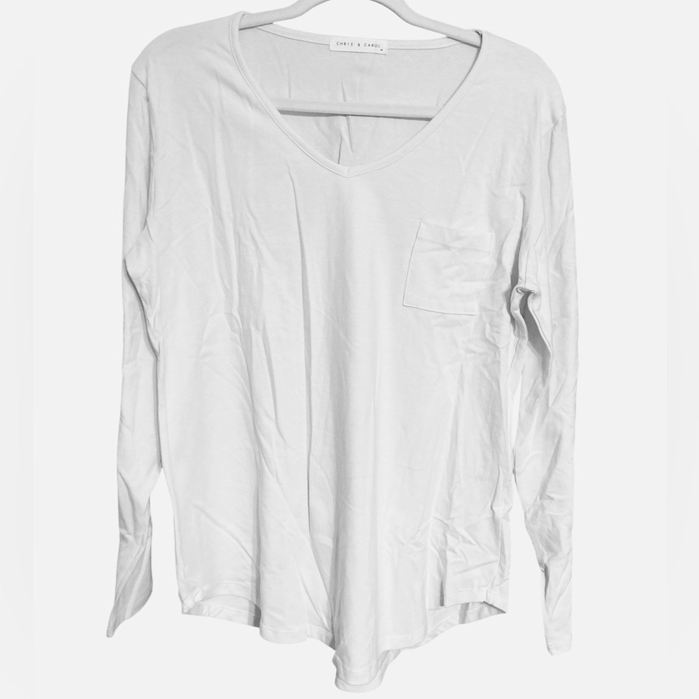 Chris & Carol white V-Neck t-shirt Top pocket cotton stretch Women's